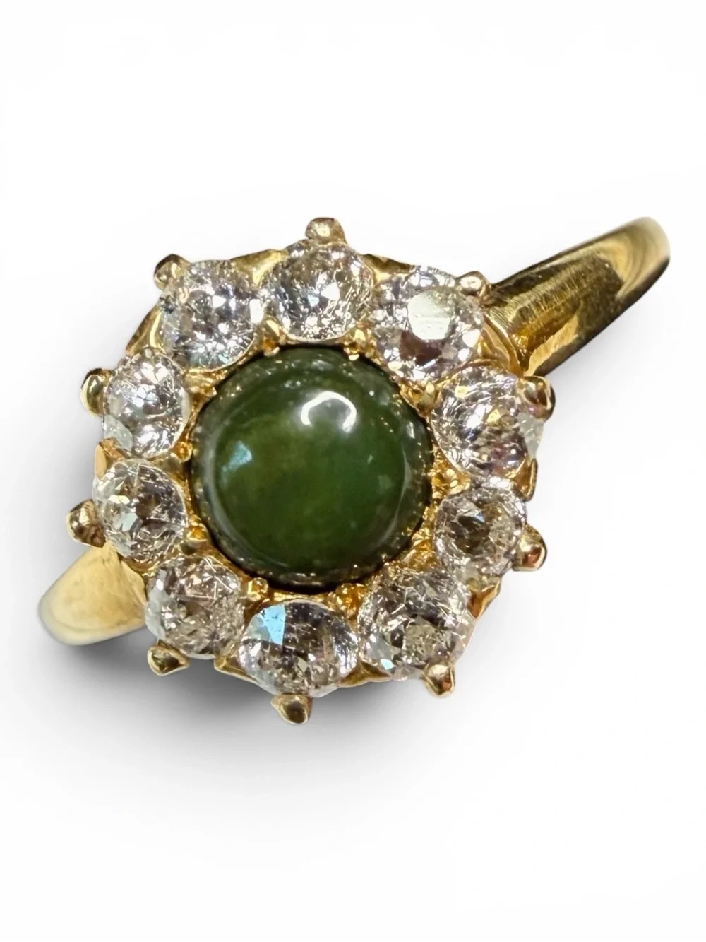 Old European Cut Diamonds .50ct & Jade Cabochon 14K Yellow Gold Ring‎ Estate VTG
